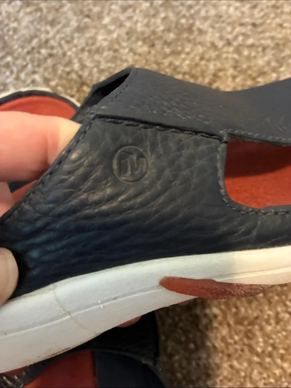 Merrell Manu  Navy Leather Slide Performance Sandals with Orange-Red Footbed